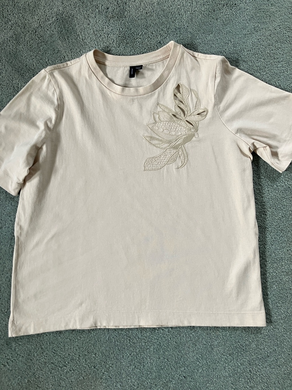 Vero Moda Cream Short Sleeve Tee with Leaf Embroidery